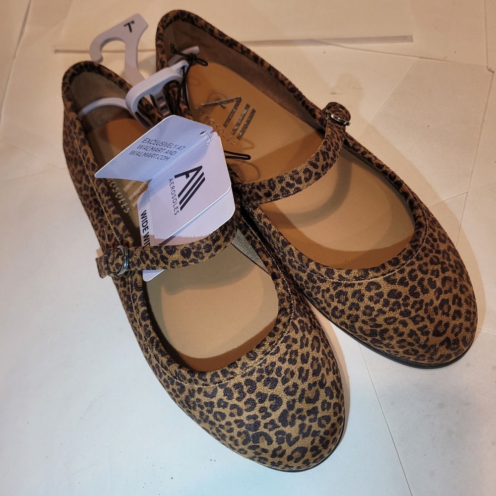 Aerosoles All Womens 7W Mary Jane Flats Leopard Print Wide Width Cushioned NEW